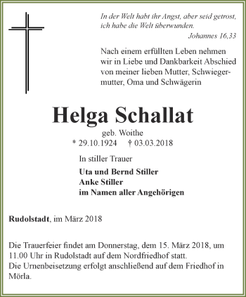 Traueranzeige von Helga Schallat