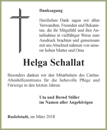 Traueranzeige von Helga Schallat