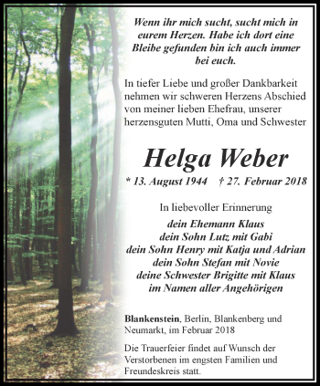 Traueranzeige von Helga Weber von Ostthüringer Zeitung