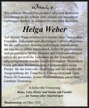 Traueranzeige von Helga Weber von Ostthüringer Zeitung