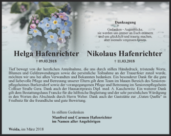 Traueranzeige von Helga und Nikolaus Hafenrichter