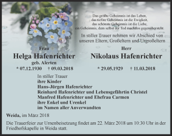 Traueranzeige von Helga und Nikolaus Hafenrichter