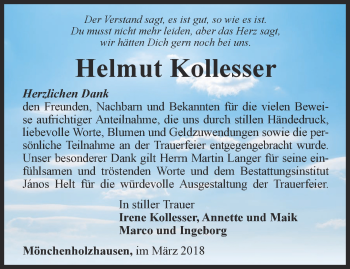 Traueranzeige von Helmut Kollesser von Thüringer Allgemeine, Thüringische Landeszeitung