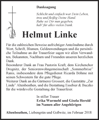 Traueranzeige von Helmut Linke von Ostthüringer Zeitung