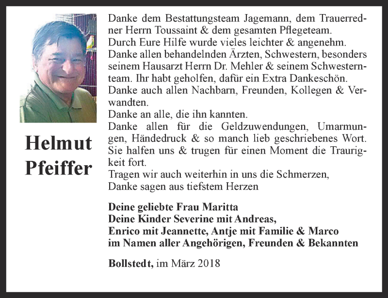  Traueranzeige für Helmut Pfeiffer vom 31.03.2018 aus Thüringer Allgemeine, Thüringische Landeszeitung