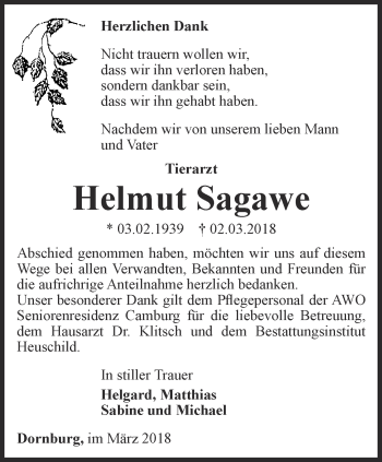Traueranzeige von Helmut Sagawe von Ostthüringer Zeitung, Thüringische Landeszeitung
