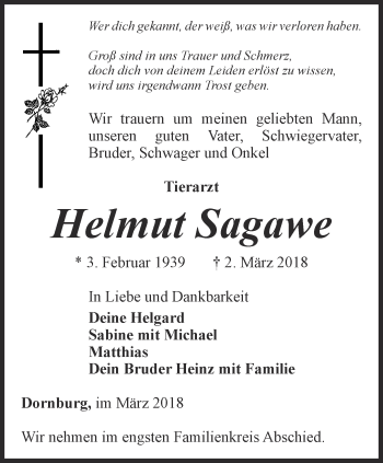 Traueranzeige von Helmut Sagawe von Ostthüringer Zeitung, Thüringische Landeszeitung