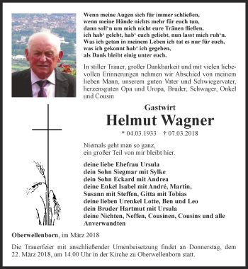 Traueranzeige von Helmut Wagner von Ostthüringer Zeitung