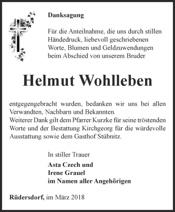 Traueranzeige von Helmut Wohlleben