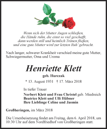 Traueranzeige von Henriette Klett von Thüringer Allgemeine, Thüringische Landeszeitung