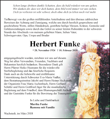 Traueranzeige von Herbert Funke von Thüringer Allgemeine, Thüringische Landeszeitung