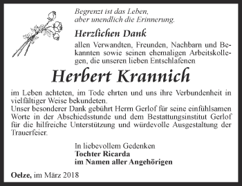 Traueranzeige von Herbert Krannich von Ostthüringer Zeitung