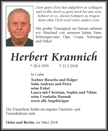 Traueranzeige von Herbert Krannich von Ostthüringer Zeitung