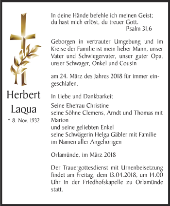 Traueranzeige von Herbert Laqua von Ostthüringer Zeitung, Thüringische Landeszeitung