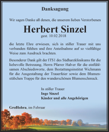 Traueranzeige von Herbert Sinzel von Thüringer Allgemeine