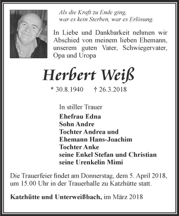 Traueranzeige von Herbert Weiß von Ostthüringer Zeitung