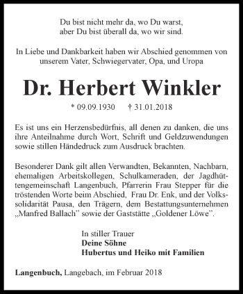 Traueranzeige von Herbert Winkler von Ostthüringer Zeitung