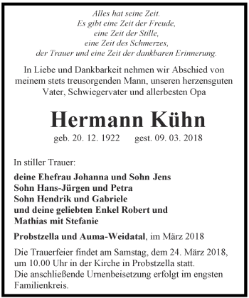 Traueranzeige von Hermann Kühn von Ostthüringer Zeitung