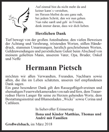 Traueranzeige von Hermann Pietsch von Thüringer Allgemeine, Thüringische Landeszeitung