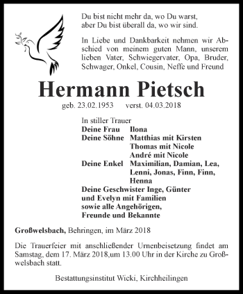 Traueranzeige von Hermann Pietsch von Thüringer Allgemeine, Thüringische Landeszeitung