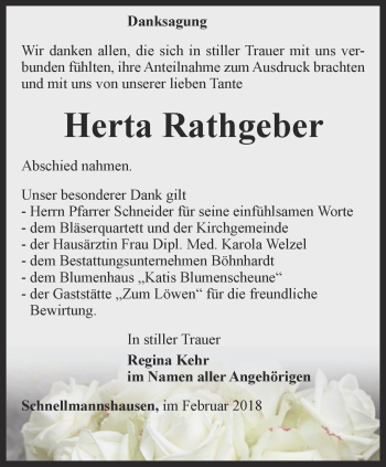 Traueranzeige von Herta Rathgeber von Thüringer Allgemeine, Thüringische Landeszeitung