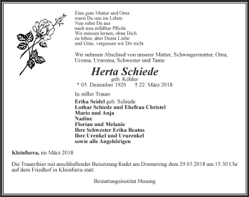 Traueranzeige von Herta Schiede von Thüringer Allgemeine