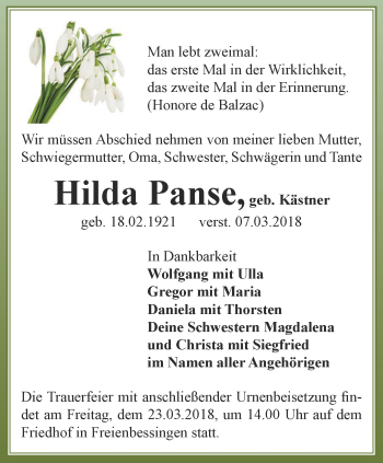 Traueranzeige von Hilda Panse von Thüringer Allgemeine