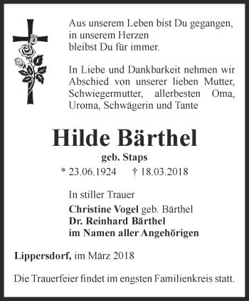 Traueranzeige von Hilde Bärthel von Ostthüringer Zeitung