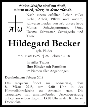 Traueranzeige von Hildegard Becker von Thüringer Allgemeine