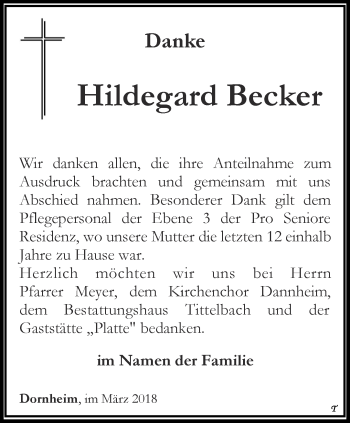 Traueranzeige von Hildegard Becker von Thüringer Allgemeine