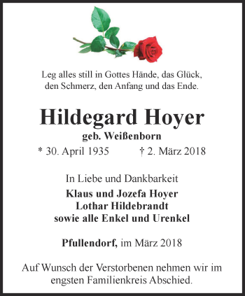 Traueranzeige von Hildegard Hoyer von Ostthüringer Zeitung, Thüringische Landeszeitung