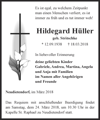 Traueranzeige von Hildegard Hüller von Thüringer Allgemeine, Thüringische Landeszeitung