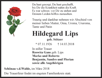 Traueranzeige von Hildegard Lips von Ostthüringer Zeitung, Thüringische Landeszeitung