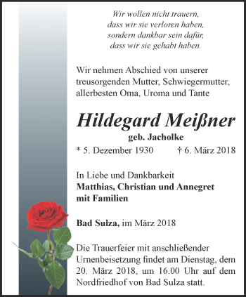 Traueranzeige von Hildegard Meißner von Thüringer Allgemeine, Thüringische Landeszeitung