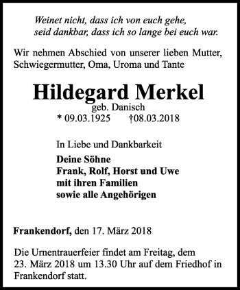Traueranzeige von Hildegard Merkel von Thüringer Allgemeine, Thüringische Landeszeitung
