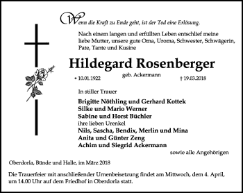 Traueranzeige von Hildegard Rosenberger von Thüringer Allgemeine, Thüringische Landeszeitung