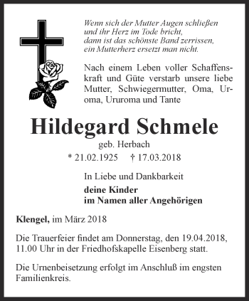 Traueranzeige von Hildegard Schmele von Ostthüringer Zeitung