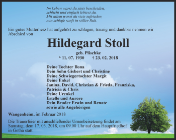 Traueranzeige von Hildegard Stoll von Ostthüringer Zeitung, Thüringische Landeszeitung