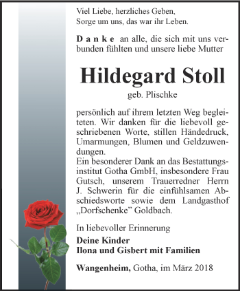 Traueranzeige von Hildegard Stoll von Ostthüringer Zeitung, Thüringische Landeszeitung