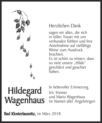 Traueranzeige von Hildegard Wagenhaus von Ostthüringer Zeitung