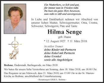 Traueranzeige von Hilma Senge von Thüringer Allgemeine