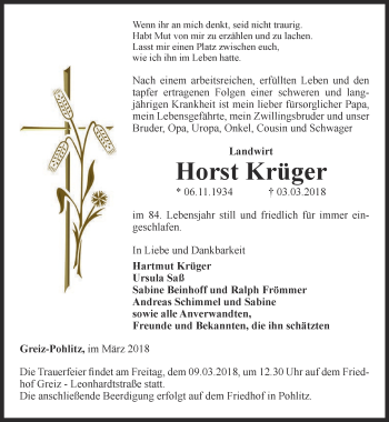 Traueranzeige von Horst Krüger von Ostthüringer Zeitung