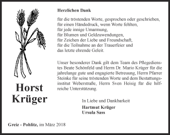 Traueranzeige von Horst Krüger von Ostthüringer Zeitung