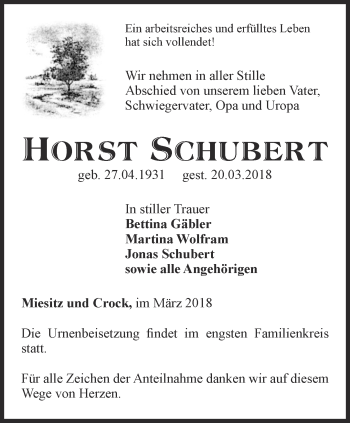 Traueranzeige von Horst Schubert von Ostthüringer Zeitung