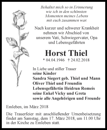 Traueranzeige von Horst Thiel von Ostthüringer Zeitung, Thüringische Landeszeitung