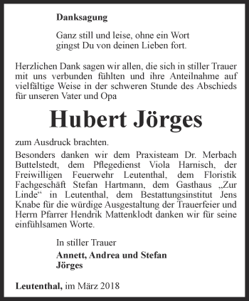 Traueranzeige von Hubert Jörges von Thüringer Allgemeine, Thüringische Landeszeitung