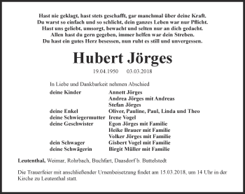 Traueranzeige von Hubert Jörges von Thüringer Allgemeine, Thüringische Landeszeitung