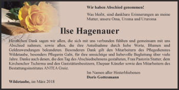 Traueranzeige von Ilse Hagenauer von Ostthüringer Zeitung