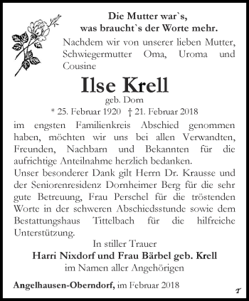 Traueranzeige von Ilse Krell von Thüringer Allgemeine