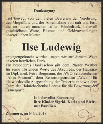 Traueranzeige von Ilse Ludewig von Thüringer Allgemeine, Thüringische Landeszeitung